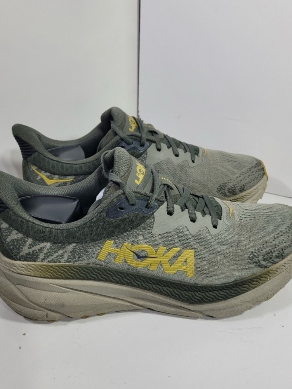 EUC Hoka Men's Sneakers in Grey, Olive Green with Yellow Logo Sz 9.5